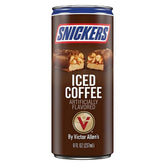 Snickers Iced Coffee (237ml) is an artificially flavored chocolate coffee featuring a Snickers bar image on a rich brown background.